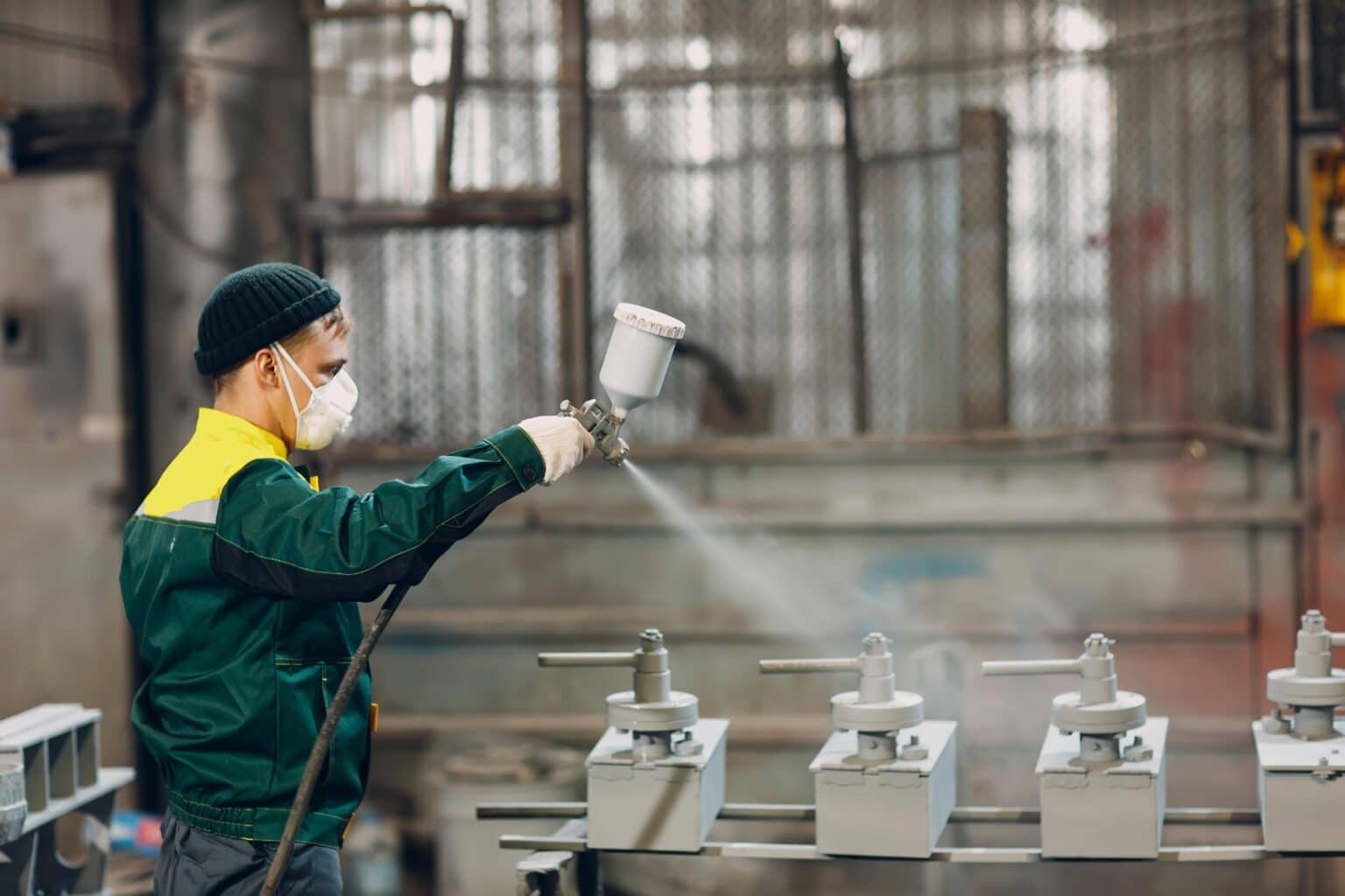 A worker in full suit and mask powder coating a component